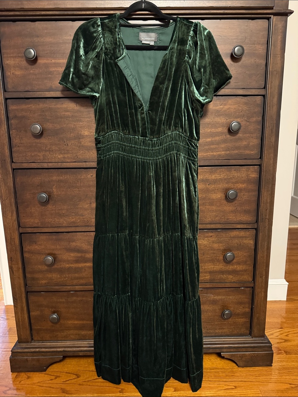 Anthropologie Velvet Tiered Maxi Dress in Deep Green